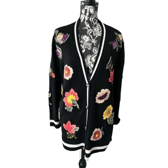 Alice and Olivia Bradford Cardigan Floral Womens Sweater Large embellished - Picture 1 of 12